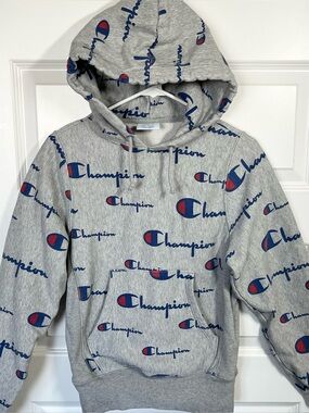 Champion Gray All Over Logo Hoodie XS Reverse Weave Pullover